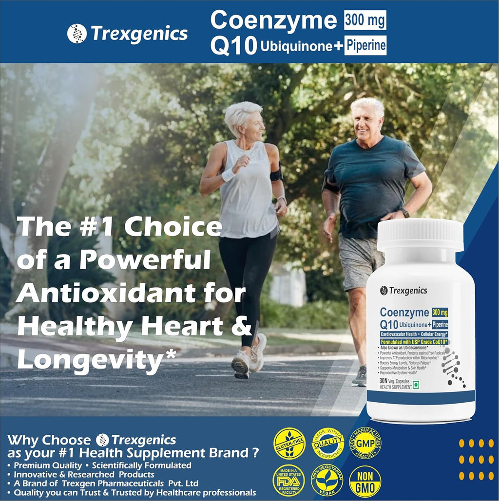Trexgenics COENZYME Q10 300 mg USP grade Ubiquinone (Ubidecarenone) with Piperine 12 mg Antioxidant, Cellular Energy, Heart Health (30 Veg Capsules))