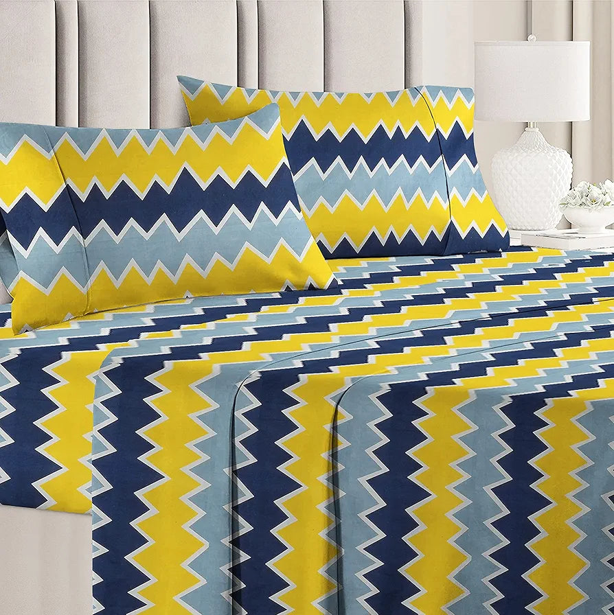 HomeKart Microfiber bedsheet for Double Bed with 2 Pillow Covers Breathable and Soft Touch 144 TC Pattren Zigzag Yellow and Grey TC 144