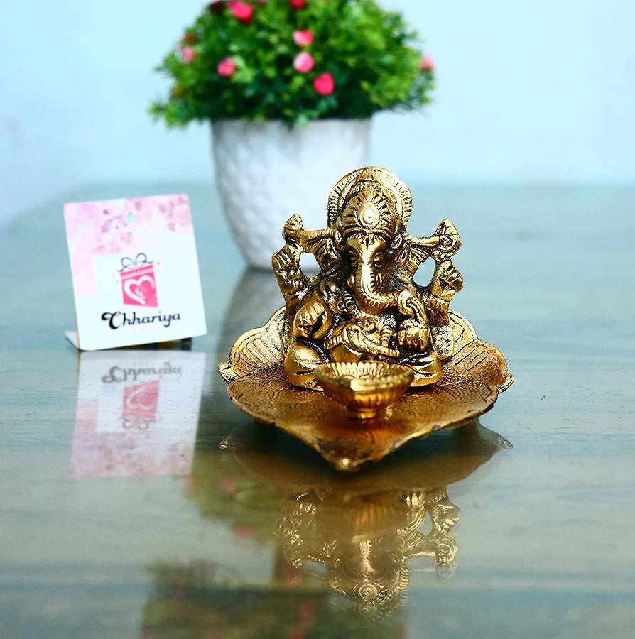 Chhariya Crafts Metal Ganesh Idol with Diya Deepak Showpiece - 8 cm