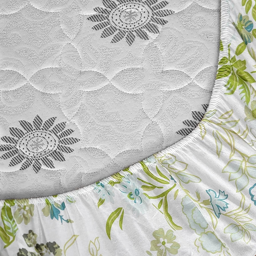 Divine Casa 100% Cotton Fitted Bedsheet Set for Single Bed 144 TC Single Bedsheet Set - Colour Floral Mineral Green
