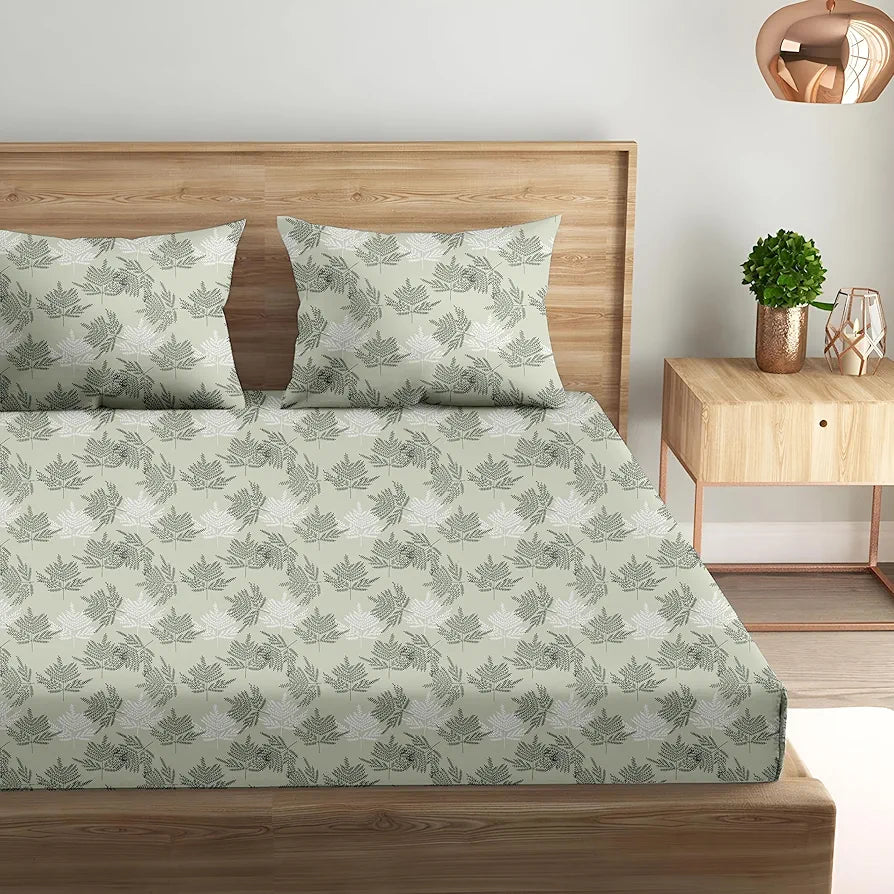 Trance Home Linen Pure 100% Cotton with 144 Thread Count gives an incredible smooth finish Elasticated Fitted Printed King Bedsheet with 2 Pillow Covers 144 tc Colour Ferns Paradise Green