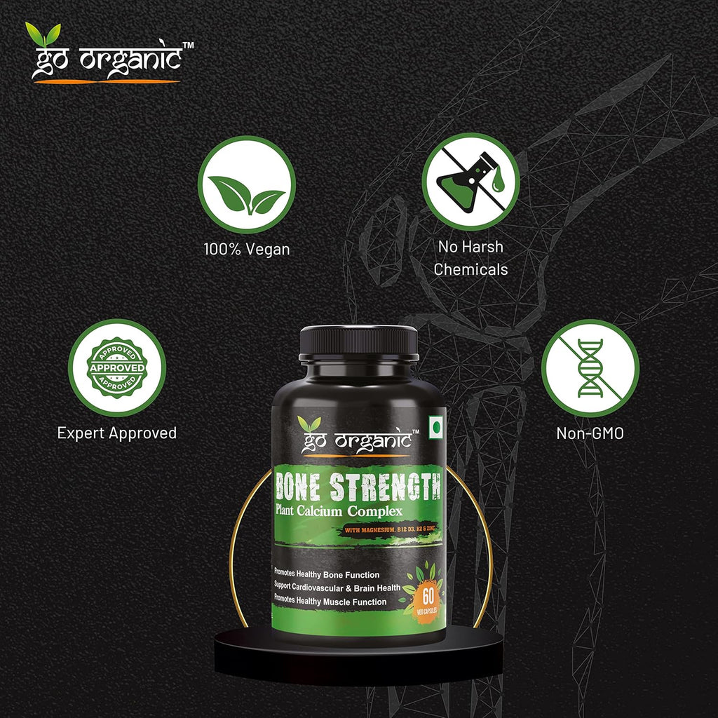 Go Organic Bone Strength - Plant-Based Calcium, Magnesium, Zinc, Vitamin D3, VIT B12, K2 - GMO, Soy, Gluten Free Ingredients - Whole Food Supplement for Bone Health - 60 Vegan Friendly Capsules