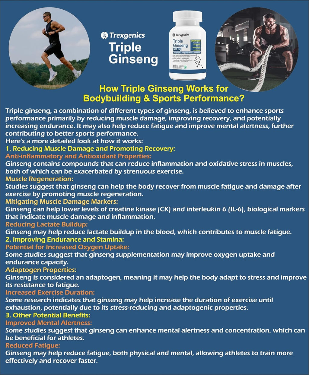 Trexgenics TRIPLE GINSENG 500 mg Optimized American, Siberian, Panax Ginseng Immunity, Energy, Performance (60 Veg. Capsules) (Pack of 1)