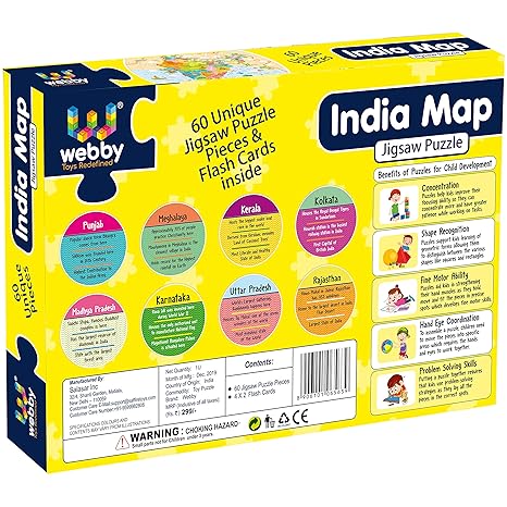 Webby Amazing India Map Jigsaw Floor Puzzle 60 Pcs with 4 Double Sided Flashcards