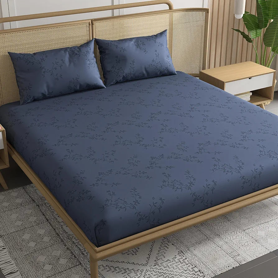 Trance Home Linen 100% Egyptian Cotton300TC Long Staple Jacquard Weave Bed Sheets Elastic Fitted Bedsheet Super Queen Bed Size with 2 Pillow Colour Blue