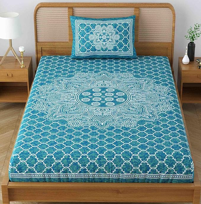 Colorish 120 Tc Cotton Blend Mandala Jaipuri Printed Bedsheet for Single Bed With 1 Pillow Cover | Sea Green