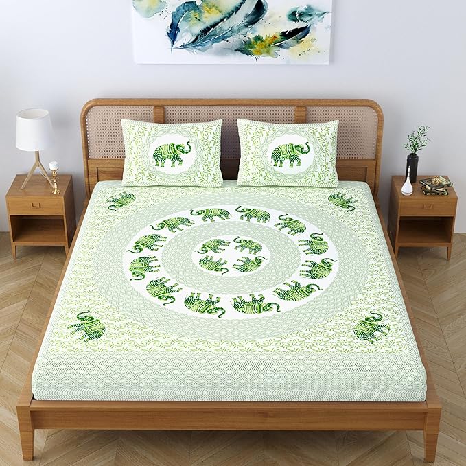 Colorish Jaipuri Traditional Elephant Printed Bed Sheet With 2 Pillow Covers | Pastel Green