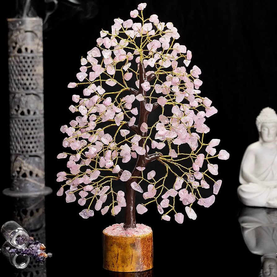 Bezavo Rose Quartz Crystal Trees Chakra Healing Money Bonsai Golden Wire