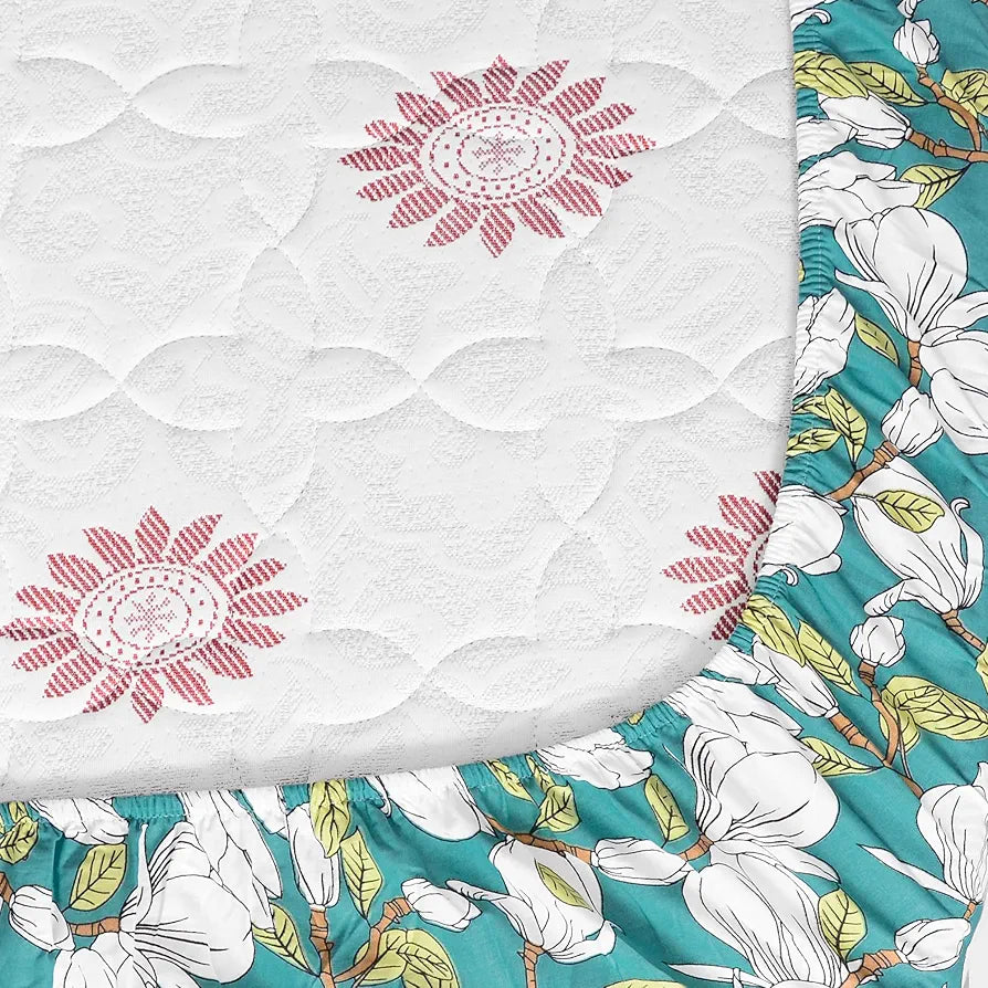 Divine Casa 144 TC Cotton Floral Print Queen Size Fitted Bedsheet with 2 Pillow Covers Elastic & Comfortable Bedding Colour Aspen Green