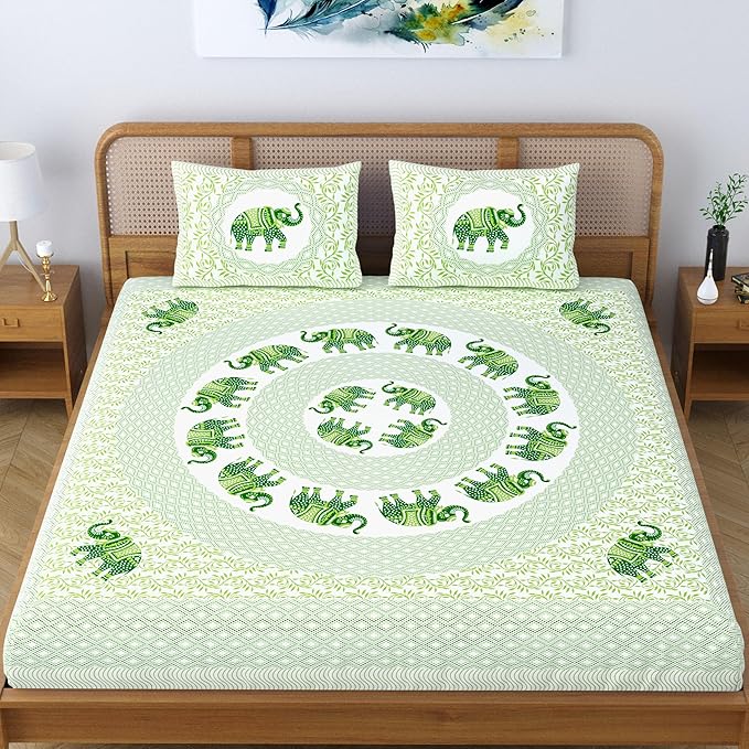 Colorish Jaipuri Traditional Elephant Printed Bed Sheet With 2 Pillow Covers | Pastel Green
