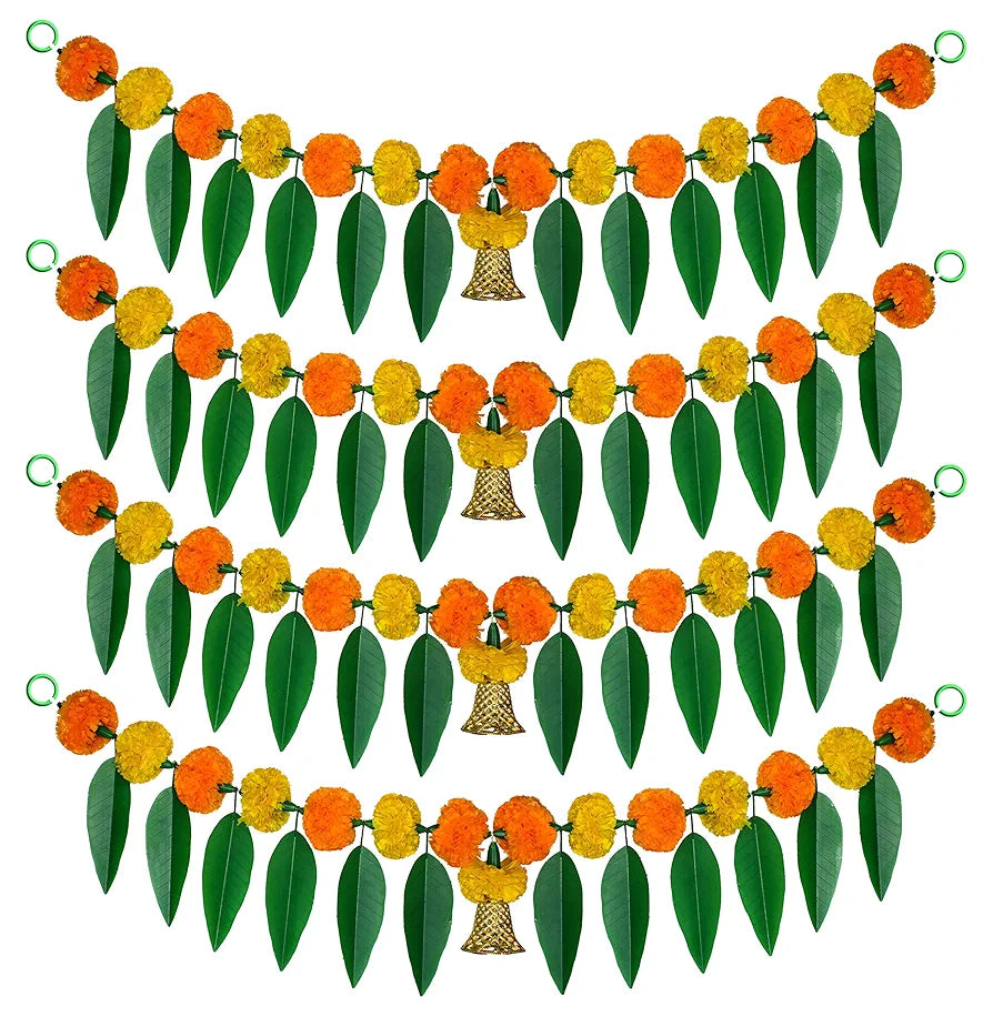 Artificial Marigold Bandanwar Pack of 4 with Mango Leaves and Bells 40 Inch Yellow and Mango