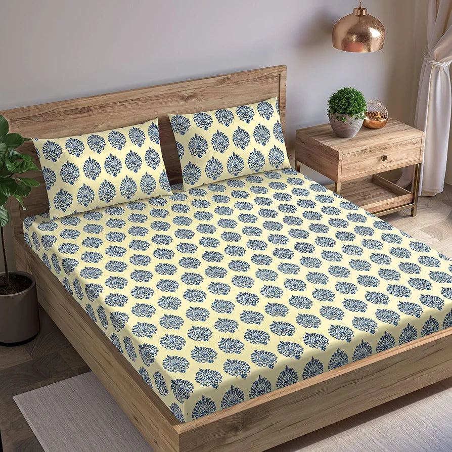 Trance Home Linen 200TC 100% Cotton 78"x60" Standard Queen Size Elastic Fitted Bedsheet Printed Queen Bed Size with 2 Pillow Covers Colour Damask Blue