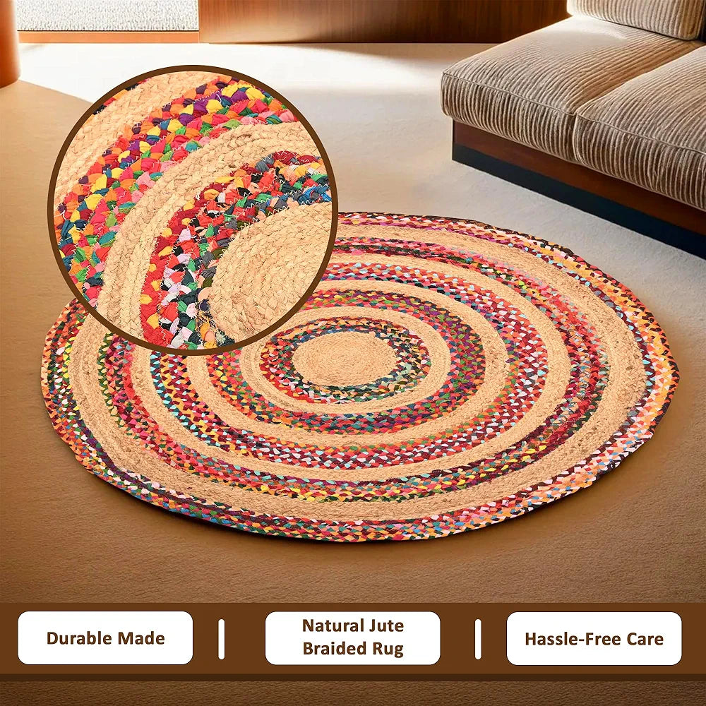 Kuber Industries Satranji Round Jute Rug & Carpet for Home & Bedroom Thick Lines Beige