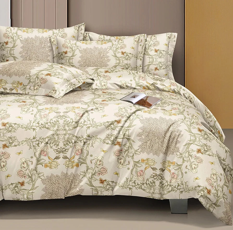 The Home Style 300 TC Cotton Feel Glace Cotton Elastic Fitted Printed King Size Double Bed Bedsheet with 2 Pillow Cover Floral Paradise Desert Ivory