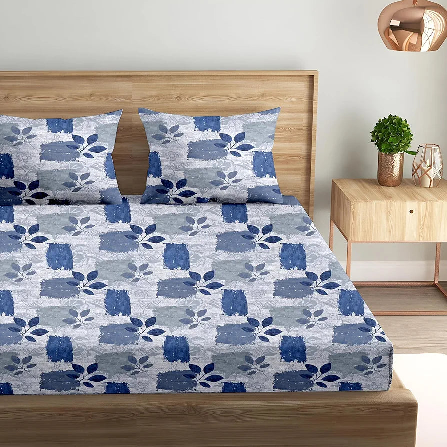 Trance Home Linen 100% Cotton 144Tc Elastic Fitted Bedsheet Printed King Bed Size Elasticated Fitted Bedspread with 2 Pillow Covers Colour Blue Beech