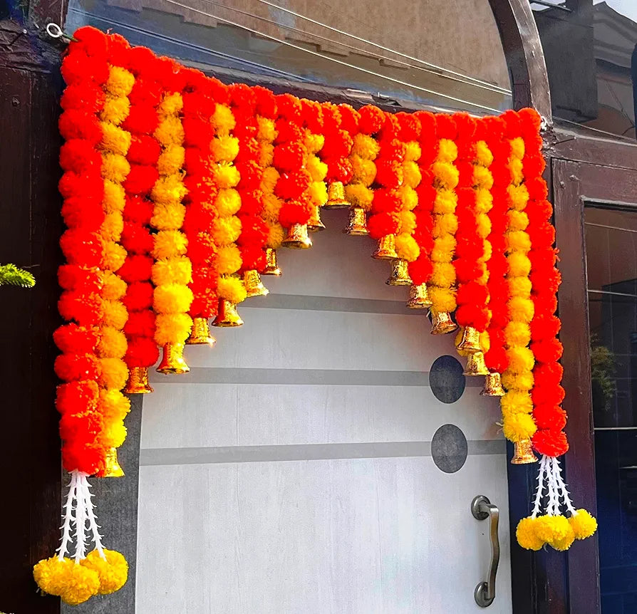 Artificial Marigold Bandanwar 40 Inch Orange & Yellow Fluffy Door Toran with Golden Bells Golden Bell With Marigold Bandanwar