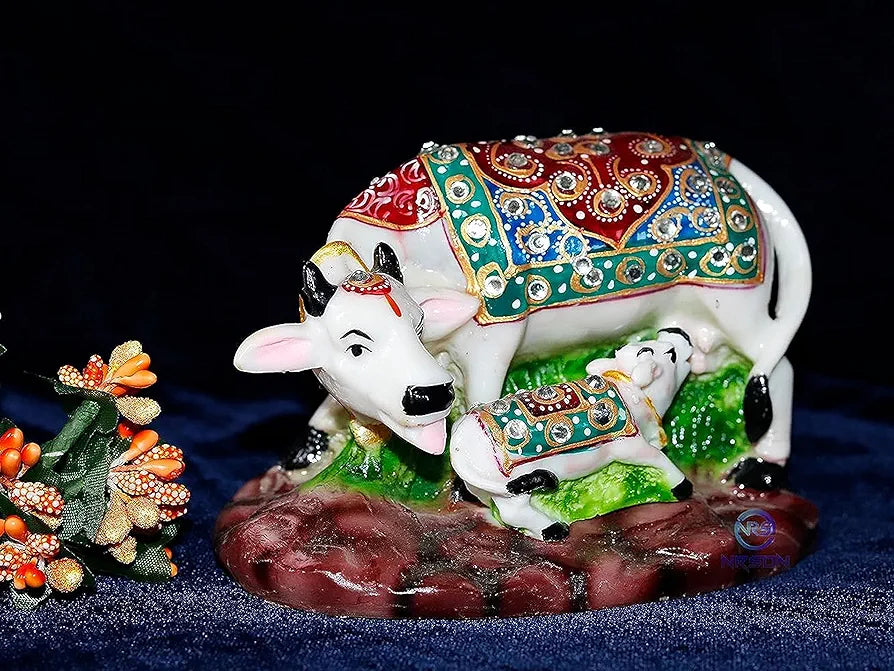 Nrson Handicraft Decorative Marble Dust Cow With Calf/polyresin Cow and Calf Big Statue 5 X 3 X 3 Inch