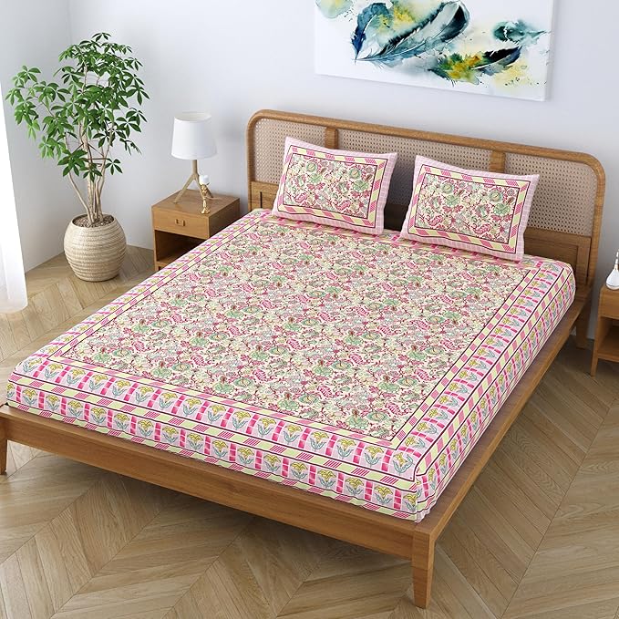 Colorish Cotton Blend Floral Printed Jaipuri King Size Double Bedsheet Set With 2 Pillow Covers | Peach Paradise