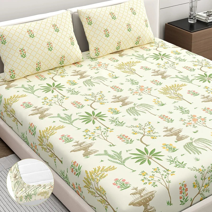 Dreamscape Cotton King Fitted Bedsheet with 2 Pillow Covers Macaroon Color