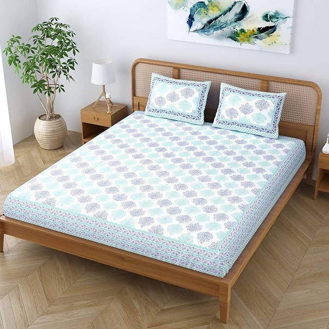 Colorish Jaipuri Traditional Floral Printed Bed Sheet With 2 Pillow Covers | Spectral Blue