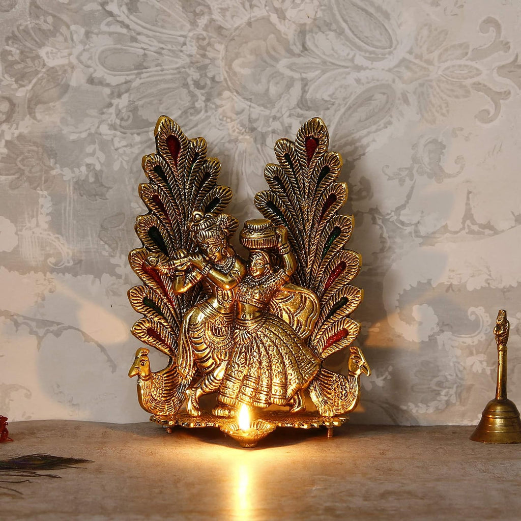 Ecraftindia Decorative Golden Metal Radha Krishna Idol With Diya Decorative Showpiece