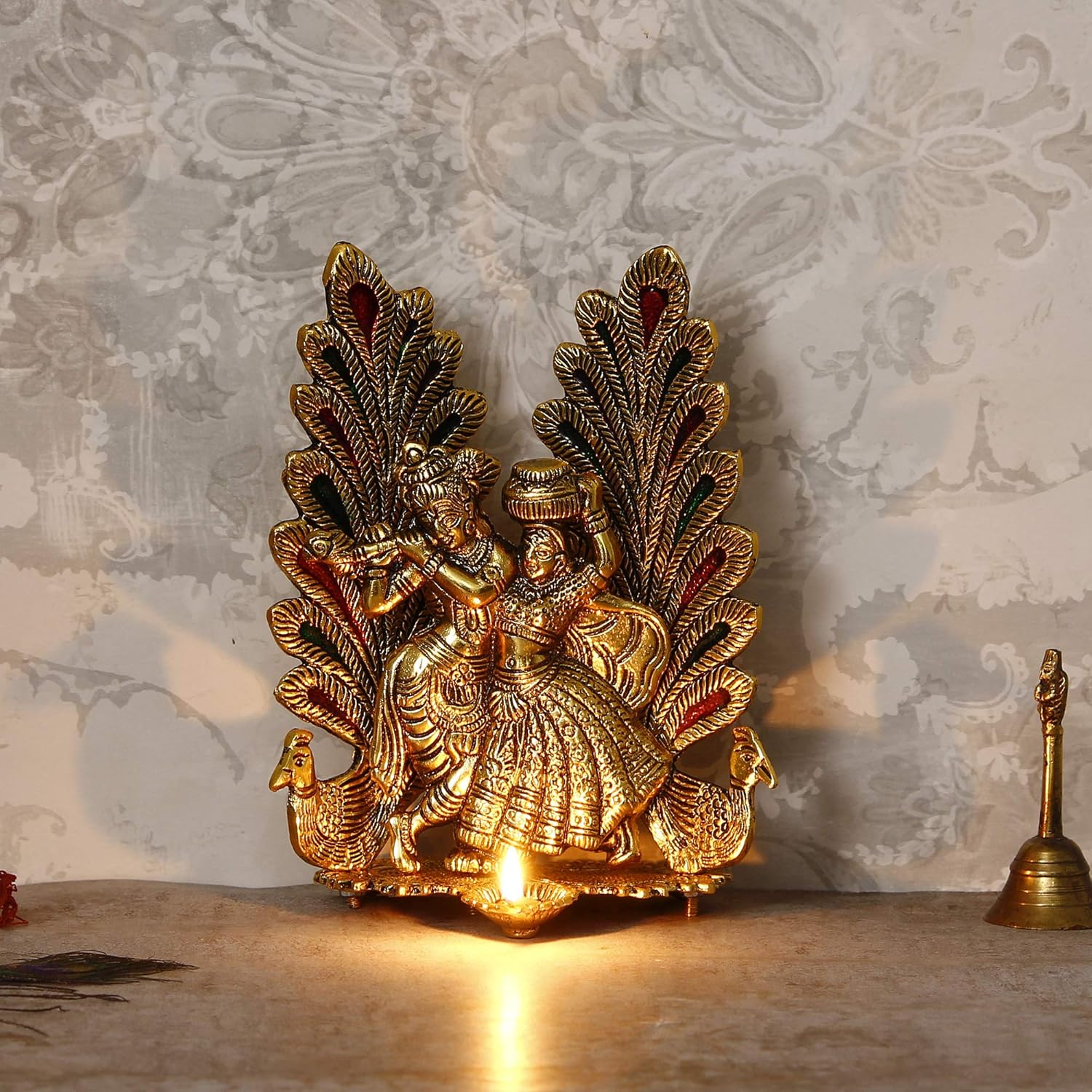 Ecraftindia Decorative Golden Metal Radha Krishna Idol With Diya Decorative Showpiece