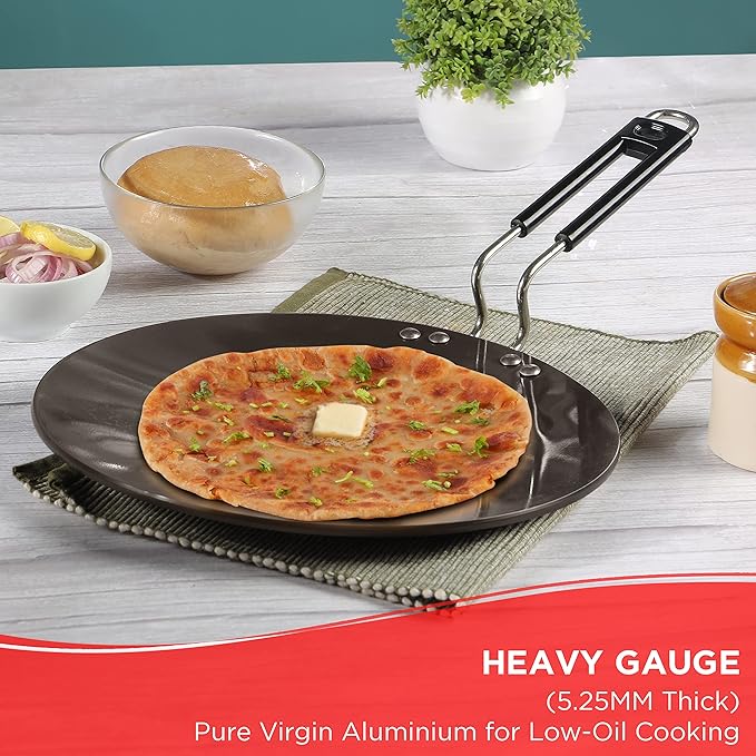 Vinod Black Pearl Hard Anodised Tawa - 28 Cm | 5.25mm Thickness | Metal Spoon Friendly | Riveted Sturdy Handle | Long Lasting Roti, Paratha Tawa