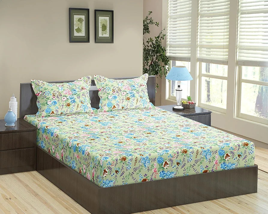 Trance Home Linen 180TC 100% Cotton 78"x72" Standard King Size Elastic Fitted Bedsheet Printed King Bed Size with 2 Pillow Covers Colour Green Vintage Woods