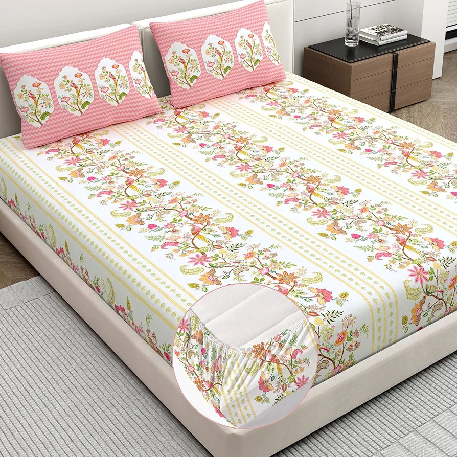 Dreamscape Cotton King Fitted Floral Bedsheet With 2 Pillow Covers Rose Pink