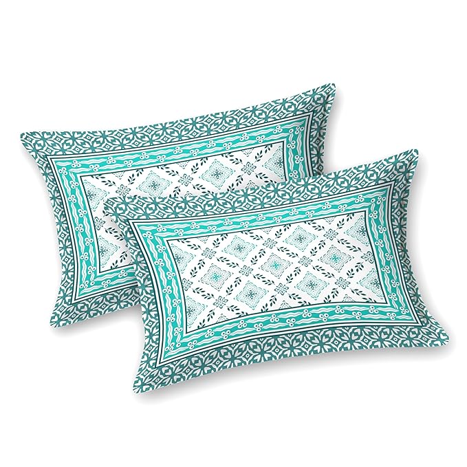 Colorish Cotton Blend Traditional Floral Jaipuri Block Printed Double Bedsheet King Size with 2 Pillow Covers | Turquoise Green