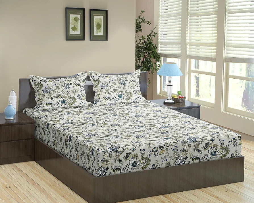 Trance Home Linen 100% Cotton Rajput 144 TC Royal Heritage Elastic Fitted Bedsheet With 2 Pillow Covers Jaipuri Printed Artisan Block Design Colour Malhaar Grey Blue