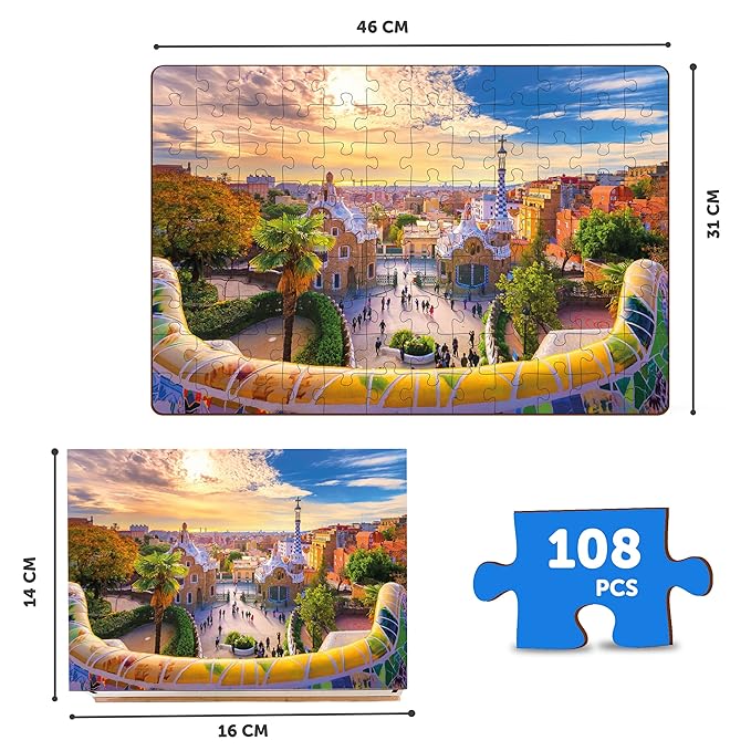 Mini Leaves Wooden Jigsaw Puzzles 108 Pieces Mini Leaves Park Guell Barcelona Catalonia Spain for Kids 9+ and Adults