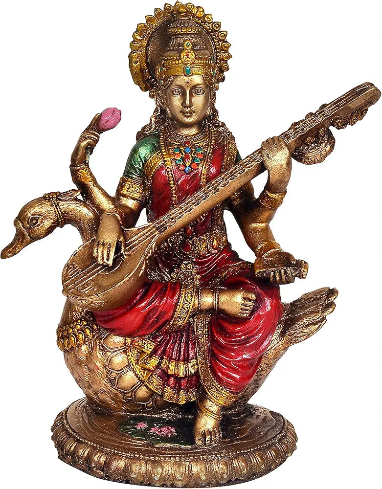 Aona Resin Saraswati Idol Statue for Home Decor On Swan Height | 8.5 Inches Multicolour