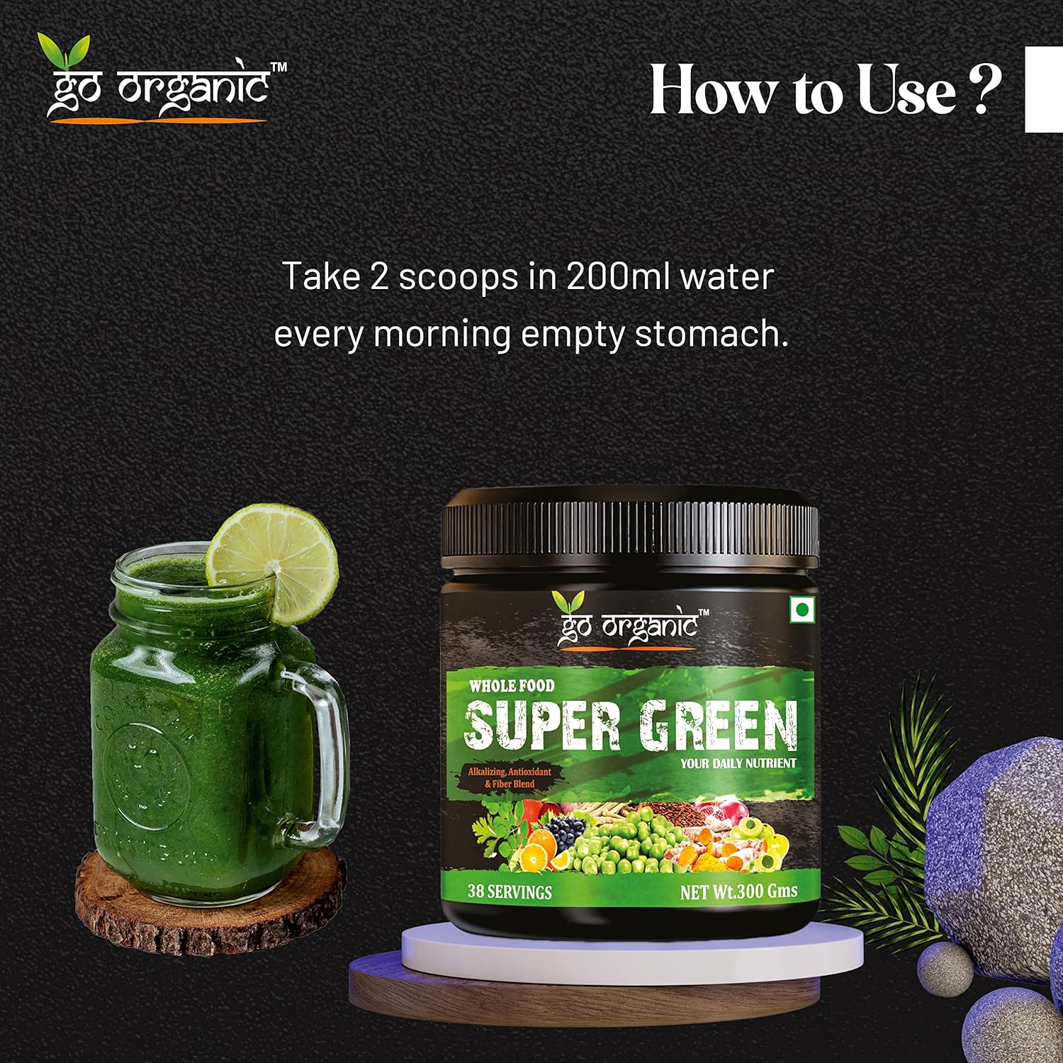 Go Organic Super Greens Powder (300g) | Organic Superfoods with Spirulina & Chlorella | Gluten-Free, Plant-Based Nutrition Drink for Immunity & Energy (Pack of 1)