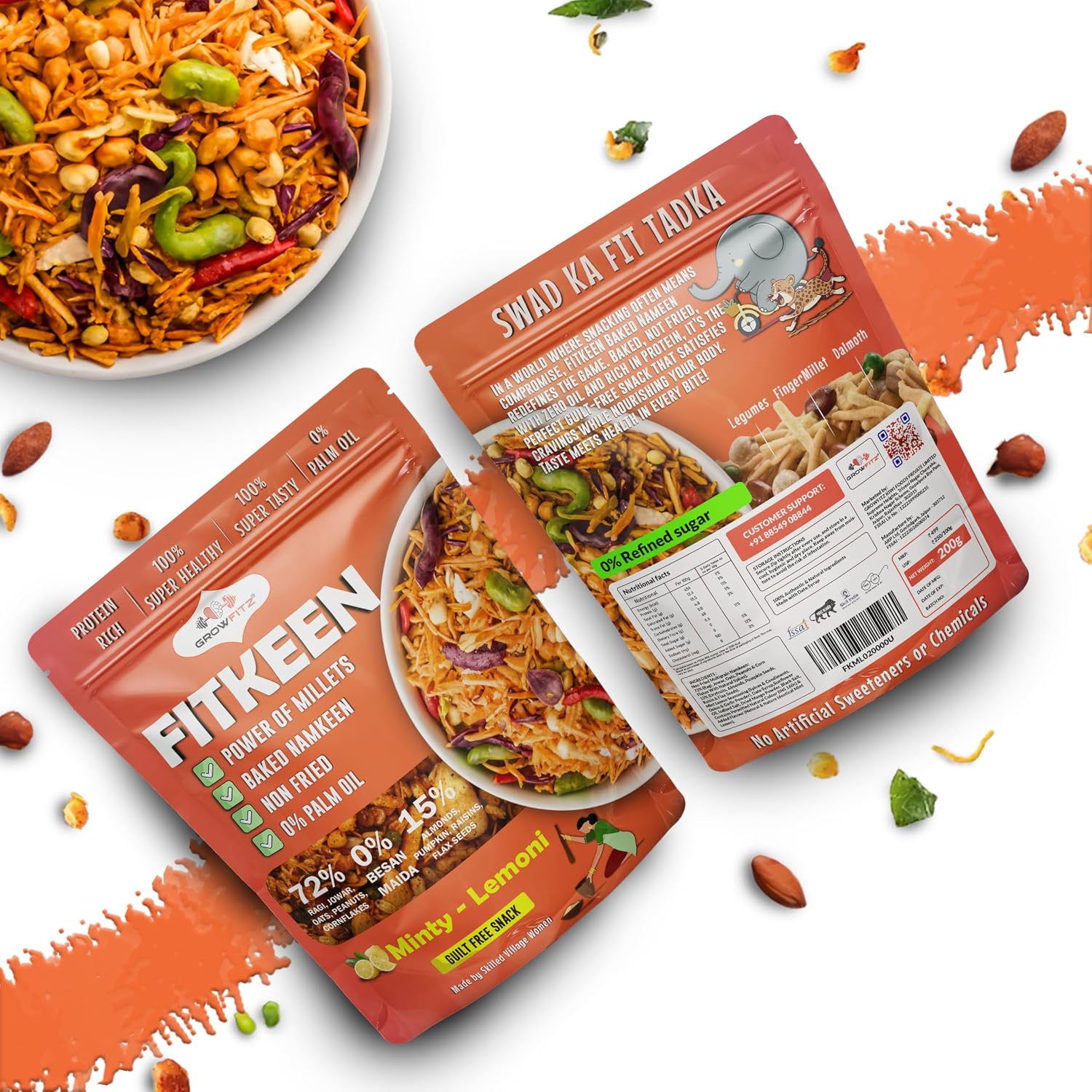 Growfitz Baked Namkeen Mixture 200g | Minty Lamoni Flavor | Power of Millets, Non Fried, 0% Palm Oil | 12.4g Rich Protein | Super Tasty, Healthy & Guilt Free Snacks | 0% Maida & Besan (Pack of 1)