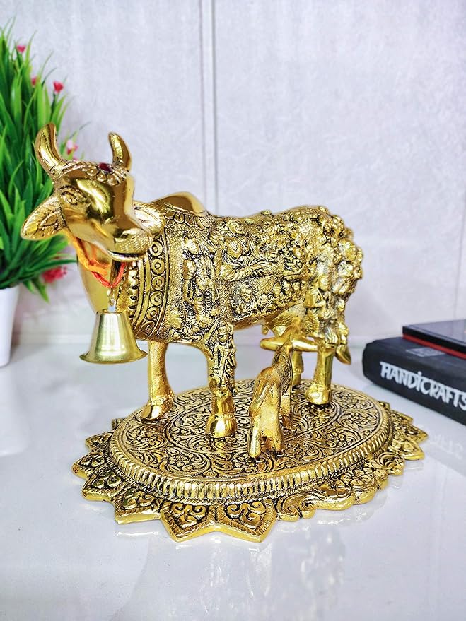 Prince Home Decor & Gifts Metal Kamdhenu Cow with Calf Statue Standard Gold 1 Piece