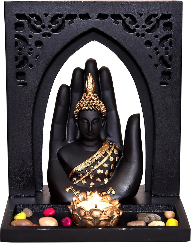 Mariner's Creation Buddha Face Idol With Royal Tray and T Light Holder Gold & Black