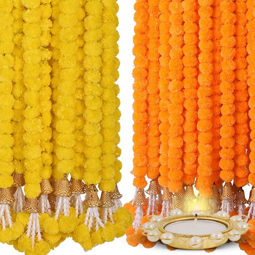 Marigold Artificial Flowers for Decoration Long Garland 5 Feet Long 5 Pcs Y+B