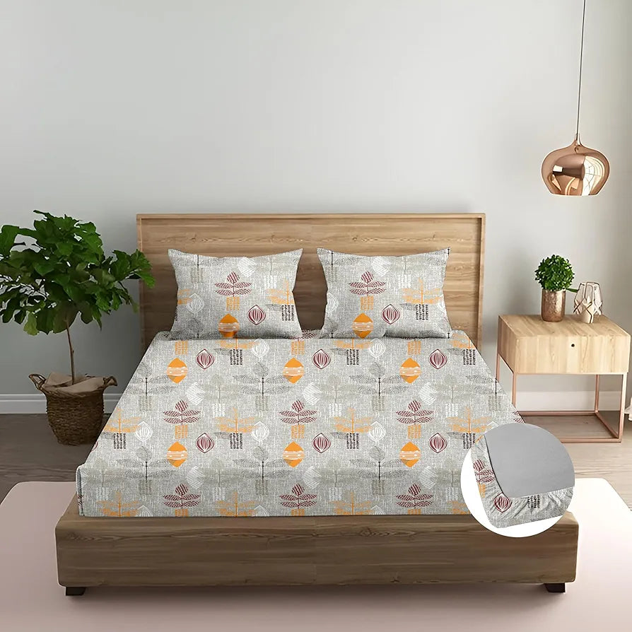 Trance Home Linen Pure 100% Cotton 144TC Printed King Fitted Bedsheet with 2 Pillow Covers Textured Leaves Colour Maroon