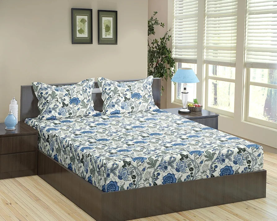 Trance Home Linen 180TC 100% Cotton 78"x72" Standard King Size Elastic Fitted Bedsheet Printed King Bed Size with 2 Pillow Covers Colour Malhaar Sapphire