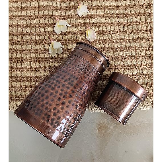 Indian Art Villa Pure Copper Bedroom Water Bottle With Inbuilt Glass Hammered Antique Design - 950 ml