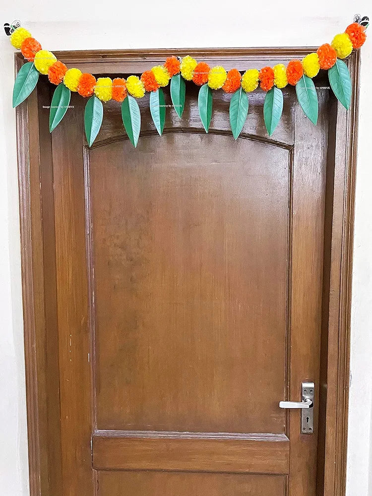 Artificial Marigold &Mango Leaves Simple Door-Window Toran Yellow and Dark Orange