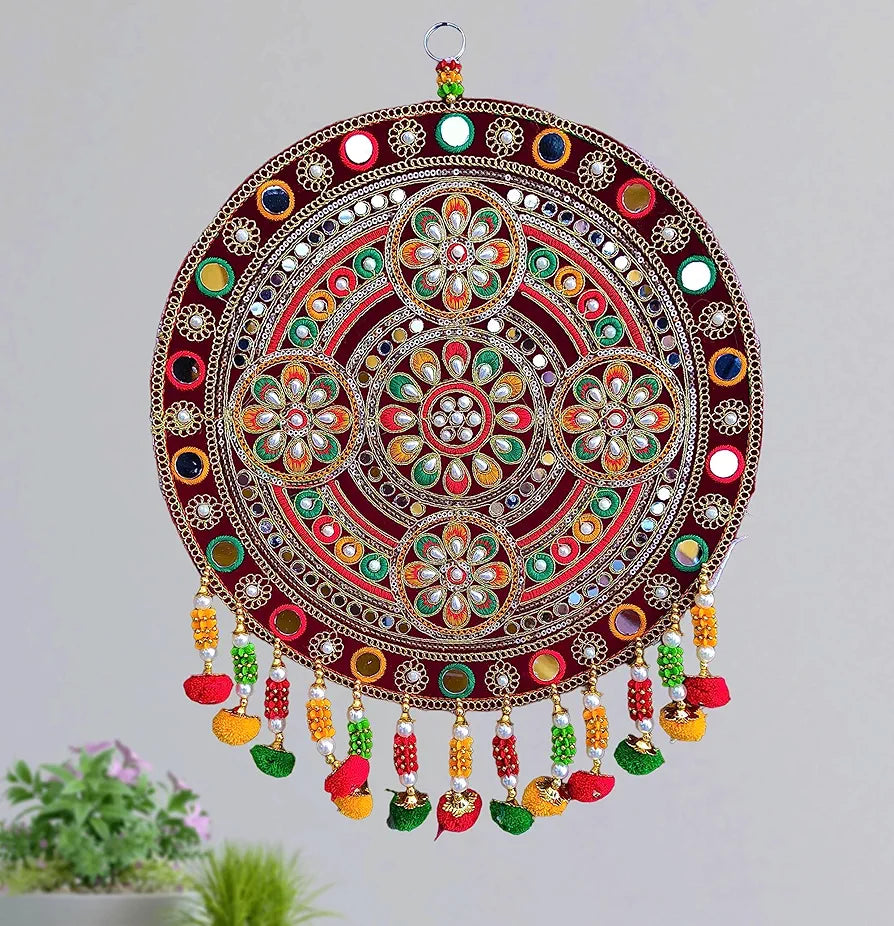 Velvet Traditional Round Floral Design Wall Decor Handicraft Wall Hanging Multicolour Round
