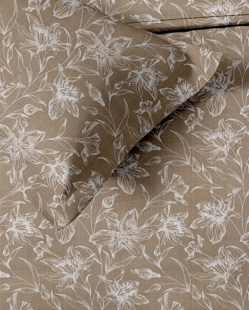 Trance Home Linen 100% Cotton 144TC Elastic Fitted Bedsheet Printed Single Bed Size Bedspread with 1 Pillow Cover Colour Serenity Beige