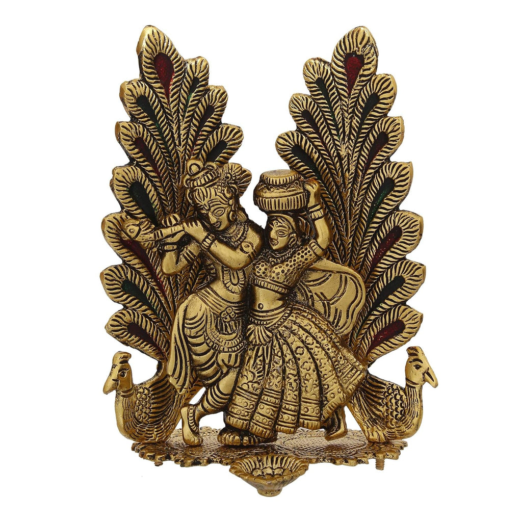 Ecraftindia Decorative Golden Metal Radha Krishna Idol With Diya Decorative Showpiece