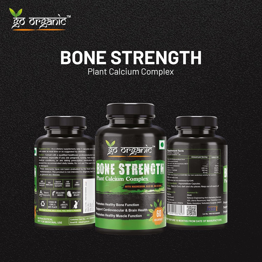Go Organic Bone Strength - Plant-Based Calcium, Magnesium, Zinc, Vitamin D3, VIT B12, K2 - GMO, Soy, Gluten Free Ingredients - Whole Food Supplement for Bone Health - 60 Vegan Friendly Capsules
