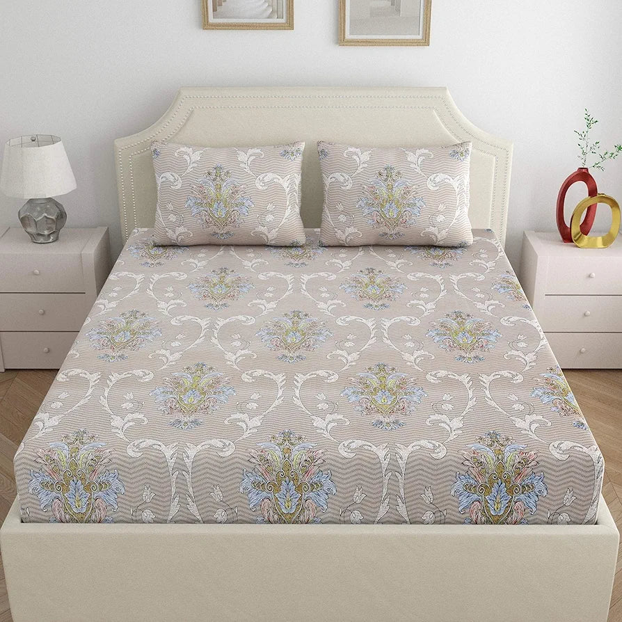 Dreamscape Microfibre Wrinkle & Fade Resistant Fitted Bedsheet for King Bed, 140TC, 1 Fitted Bed Sheet  with 2 Pillow Covers Beige Hazelnut Color