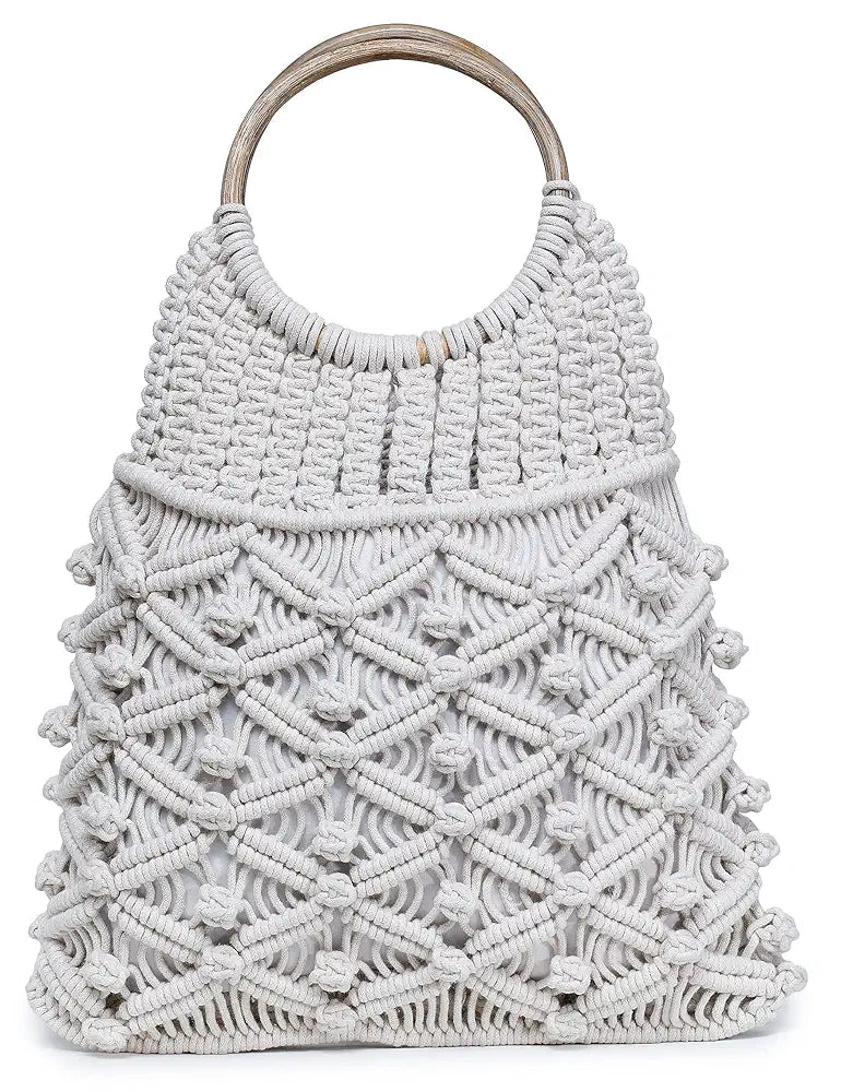 K London Alii And Aliizey Off-white Macrame Braided Wooden Handle Handbag
