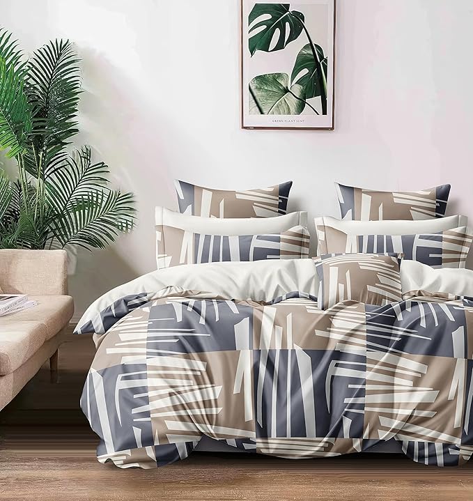 Cortina 140 Tc 100% Microfiber Printed Double Bedsheet Set With Two Pillow Case | 90x100 Inches | Grey/brown | Striped