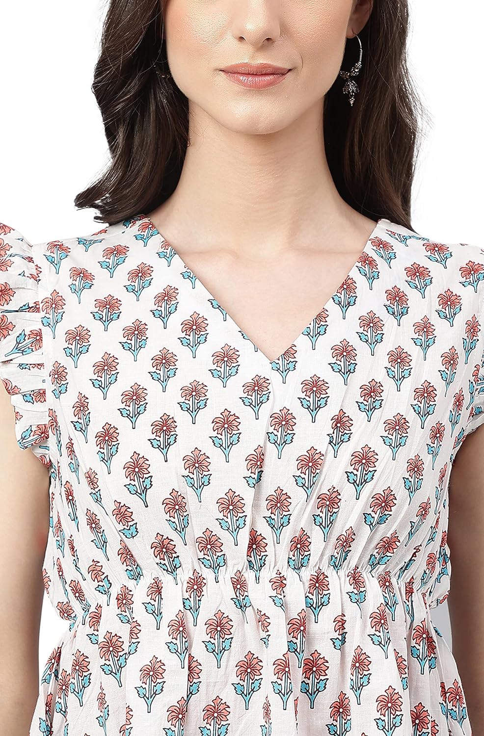 Janasya Women's White Cotton Floral Print Flared Top